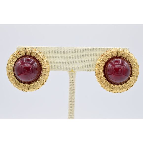 Givenchy Vintage Cabochon Earrings Red Brushed Gold Chunky Signed 1980s BinAF - Picture 1 of 12